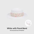 Chapeau de paille blanc à toit plat avec ruban floral pour protection solaire - Réglable (54-58cm) / Blanc Avec Ruban Floral Beige
