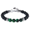 Detail of 8mm tiger eye and obsidian beads on adjustable stainless steel bracelet - Green Tiger Eye Bracelet