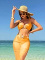 Detail of orange bikini with starfish metal buckle and matching mesh beach sarong skirt - S / Yellow