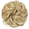 Golden blonde highlighted hair bun extension with messy wavy texture and elastic tie - 22H613 Champagne Blonde Mixed Bleach Blonde