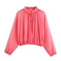Zweiteiler im Boho-Stil in Rosa mit Plissee, Rüschenkragen und langen Laternenärmeln - XS / Tops / Rosa
