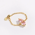 Detail of adjustable gold chain ring featuring dual pink heart crystals and heart charm - Adjustable Pull-out / Pink Zircon-Gold