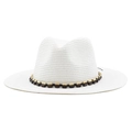 Close-up of white woven straw Panama hat with brown and beige wooden bead decorative band - M (56-58cm) / White
