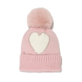 Pink knit winter hat with white heart pattern and large faux fur pom-pom for kids - One Size / Pink