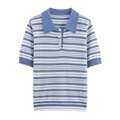 Blue and white striped knit polo shirt with short sleeves and classic blue collar - XS / Blue Stripe