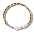 Handgemaakte gouden kralenarmband met paarse kattenoogstenen en een wit schelpen kruisje - Schelp Kruis Lichtpaars Kattenoog(JS-B24030105A)