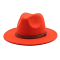 Classic orange-red wide brim wool fedora hat with a patterned brown leather decorative band - M (56-58cm) / Orange Red