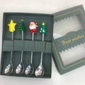 4-piece stainless steel Christmas spoon set with holiday silicone charms in a gift box - Silver Spoon 4PCS Green Gift Box