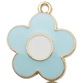 Macro shot of light blue enamel daisy charm with golden metal edges on white background - Five-Petal Flower / Light Blue