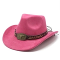 Close-up of pink faux suede cowboy hat with brown leather band and bronze bull head buckle - M (56-59cm) / Rose Red