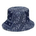 Detail of dark blue reversible bucket hat featuring white paisley print on cotton fabric - One Size / Navy Blue