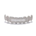 Macro shot of silver hip-hop grillz featuring rectangular and round iced-out diamonds - Silver (Upper Teeth)