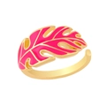 Detailed macro view of gold-tone monstera leaf ring featuring pink enamel inlay - Adjustable Open / Rose Red