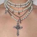 Baroque multilayer necklace featuring white pearls and silver cross pendants on a model - Pearl Cross Necklace PX3880 (Plastic Pearl)