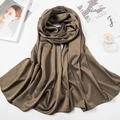 Flat lay of brown silk satin hijab scarf 110x110cm with stylish fashion props - 180*70cm / Army Green