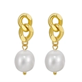 Elegant gold chain earrings with large white pearls on a minimalist white background - Golden Double Link Pearl Dangle Earrings (GPE53)