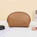 Brown quilted PU leather shell makeup bag with zipper and vertical stitched texture - 22.5x14x8cm / Coffee
