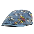 Navy blue denim beret with floral print featuring daisies and retro peony patterns - Blue