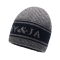 Knitted beanie with grey and navy stripes featuring Y & JA embroidery detail - Gray