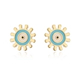 Close-up of gold evil eye stud earrings with turquoise enamel and geometric sunburst shape - Gold-Turquoise Eye