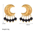 18k gold plated stainless steel crescent moon earrings with black crystal beads - Crescent Black Bead Earrings / Gold/Black