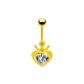 Nahaufnahme vom goldenen Bauchnabelpiercing mit Kronen-Herz und klarem Kristall - Goldenes Herz Weißer Edelstein (24022905-3)