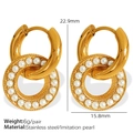 Gold hollow geometric double earrings with white pearl detail in stainless steel - EH539 Double Ring Nested Artificial Pearl Style / Gold