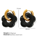 Fashionable golden stainless steel hoop earrings with black floral resin charms - Black