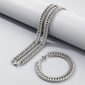 Polished silver stainless steel cuban link chain necklace and bracelet set for men - 20cm / Bracelet / 9mm / Steel