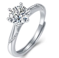 Macro detail of six-prong moissanite ring with round-cut center stone and adjustable band - Adjustable Open / Accent Side Stones Style (R10881-6.5mm/1 Carat)