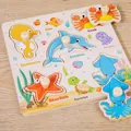 Wooden peg puzzle featuring colorful sea animals for toddler early learning - Ocean Square Peg Puzzle