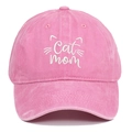 Close-up of Cat Mom white embroidery on pink washed cotton vintage baseball cap - One Size / Pink