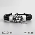 Bracciale da uomo in pelle intrecciata nera con testa di leone argento e chiusura - Testa di Leone con Fibbia a Innesto Argento (KB30274-D)