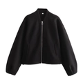 Détail de la veste aviateur noire avec fermeture éclair métallique et tissu épais - S / Noir