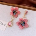 Detail of vintage pink embroidered flower earrings with crystal heart and teardrop pendants - 1# Silver Earring Post - Gold - Pink - Embroidery Flower
