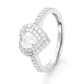 Detailed view of silver heart-shaped ring with double halo cubic zirconia setting - Platinum - White Zirconia