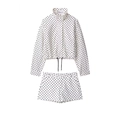 Zweiteiler für Damen mit Polka-Dot-Jacke, Tunnelzug-Saum und dazu passenden kurzen Shorts - S / Oberteil Und Unterteil / Set mit weißen Zirkonia