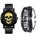Detail of hip hop men's set with skull quartz watch and multi-layer leather bracelet - Gold / Watch+Bracelet