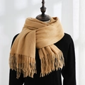 Elegant camel solid color imitation cashmere scarf featuring classic fringed edges - Light Khaki