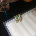 Macro detail of 18k gold plated green zircon earrings with pave white crystals - Oval Emerald Earrings (No. 21 Silver Earring Post - Gold - Green)