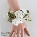 White silk rose wrist corsage with green leaves and ribbon for wedding ceremony, 12x8cm - Wrist Corsage / White