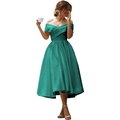 Elegant emerald green off-shoulder satin cocktail dress with a graceful flared hemline - US size 12 (L) / Bottoms / Malachite green