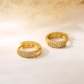 Elegant gold huggie earrings with triple row micro-pave sparkling white zircon stones - Triple Row Pave Gold Hoop Huggie