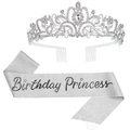 Detail of silver Birthday Princess sash and sparkling rhinestone tiara with combs - Silver (Silver Crown + Silver Sash)