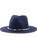 Navy blue wide brim straw sun hat with bohemian shell band and decorative beads - Navy Blue