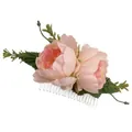 Peach pink artificial peony flower hair comb with green leaves for bridal styling - FS39-3 Light Pink