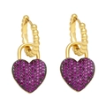 Elegant gold heart earrings with sparkling pink cubic zirconia stones on white backdrop - Rose Red