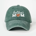 Front view of dark green washed cotton baseball cap with football MOM heart embroidery - Dark Green