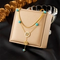 Zweilagige goldene Edelstahl-Lebensbaumhalskette mit blauen Türkisperlen - Doppelreihig Lebensbaum Blaue Perlen Stil (N2647)