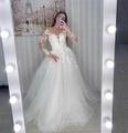 Detail of white long-sleeved bridal gown featuring delicate floral lace and sheer V-neckline - US2 / White